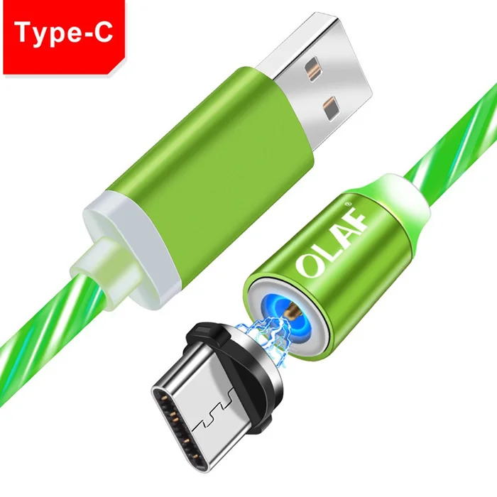 Олаф сверкающий Блестящий Магнитный кабель для быстрой зарядки светодиодный кабель микротипа для Iphone 7 8 Plus X XR XS Max для Xiaomi Redmi Note 7 - Цвет: Green Type C