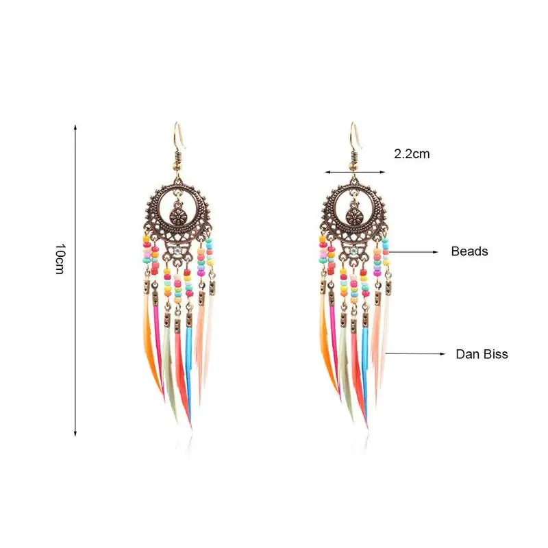 Vintage Ethnic Rainbow Beads Feather Dangle Drop Earrings for Women Female Boho Jewelry Accessories Long Earrings