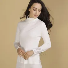 Аутентичный шелк тутового шелка топ с толстой Терка навигации водолазка термобелье с длинным рукавом-белый