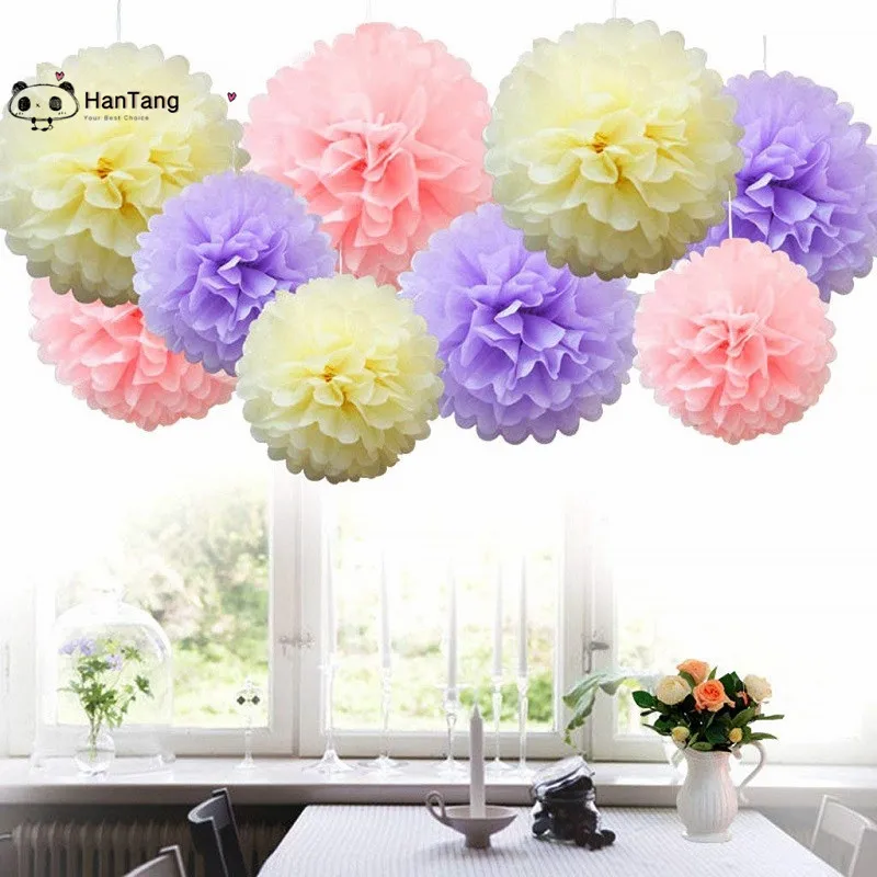 5pcs/Pack 15cm,20cm, White/Light Purple Tissue Paper Pom Poms For Baby Girl Princess Birthday Party Wedding Party Decoration 5z