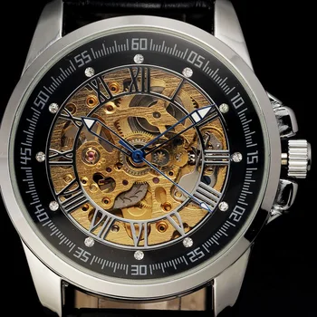 

New Fashion Luxury Brand Carving Roman Skeleton Clock Automatic Self-Wind Mechanical Leather Strap Men's Wrist Watch Gift