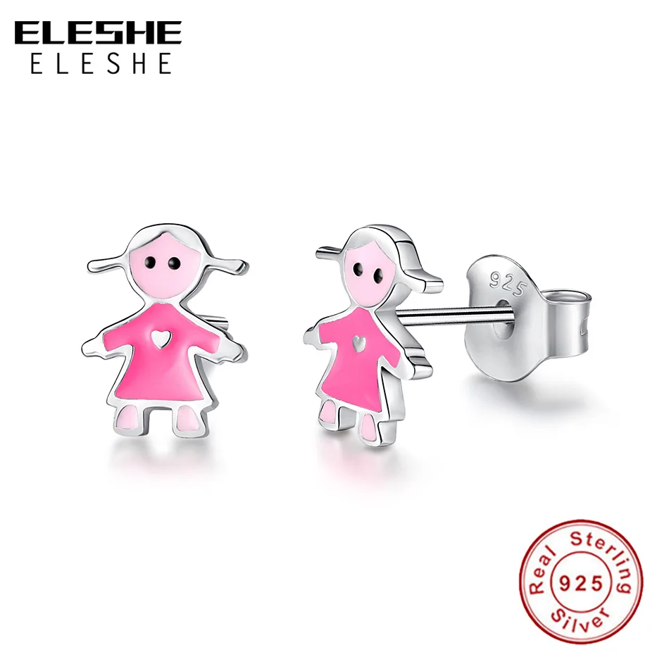 

ELESHE 2019 New Lovely Pink Enamel Little Girl 925 Sterling Silver Stud Earrings for Women Children Kids Fashion Jewelry Bijoux