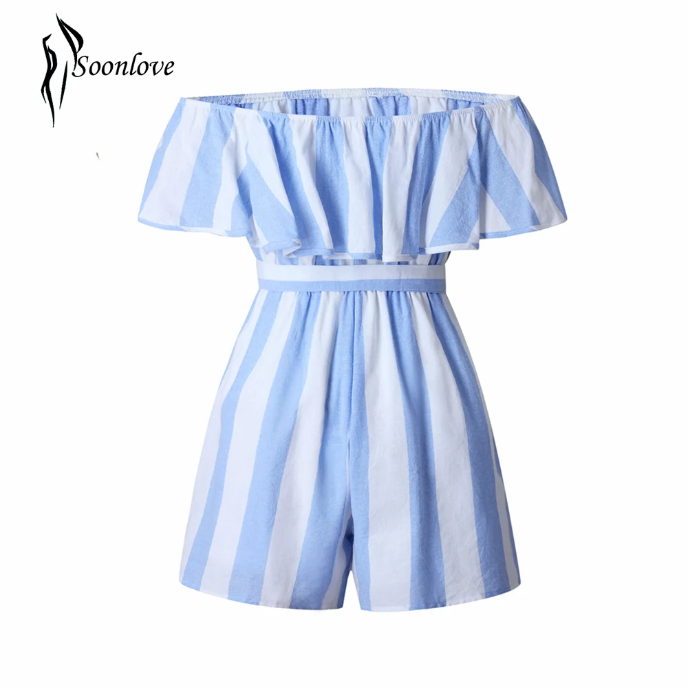Fashion Blue Stripe Off The Shoulder Ruffle Jumpsuits Rompers L55302