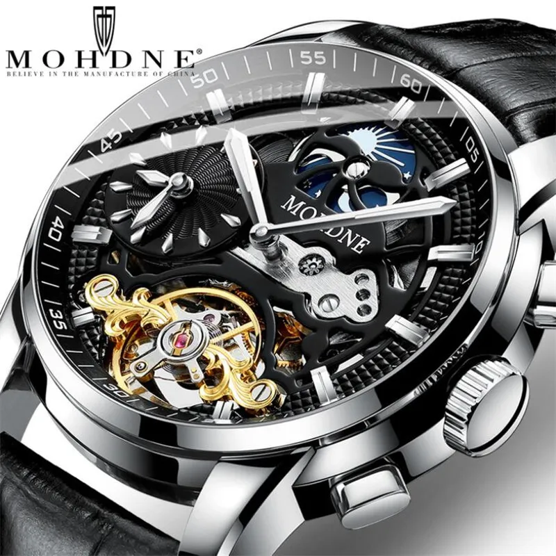 

Mens Automatic Mechanical Fashion Top Brand Sports Watches Luxury Tourbillon Moon Phase Leather Watch Clock saat 2019 NEW