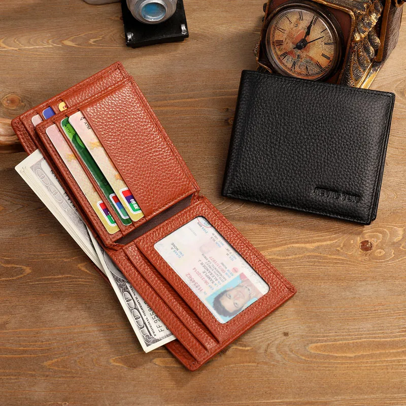 Men's Genuine Leather Bifold Wallet - Short Design with ID and Credit Card Holder