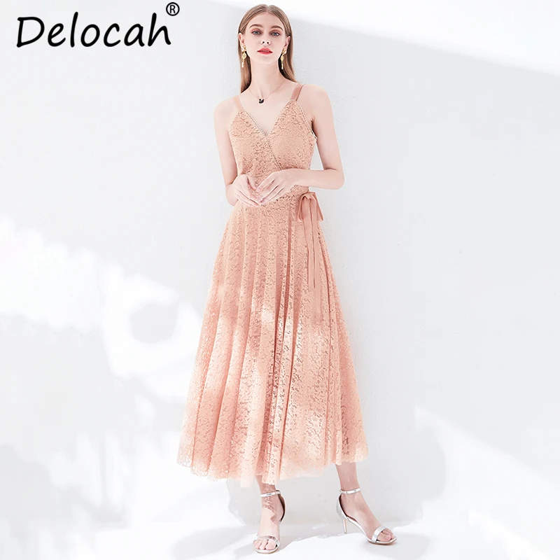 

Delocah Women Summer Dress Runway Fashion Designer Sexy V-Neck Spaghetti Strap Bow Tie Elegant Vintage Party Solid Long Dress