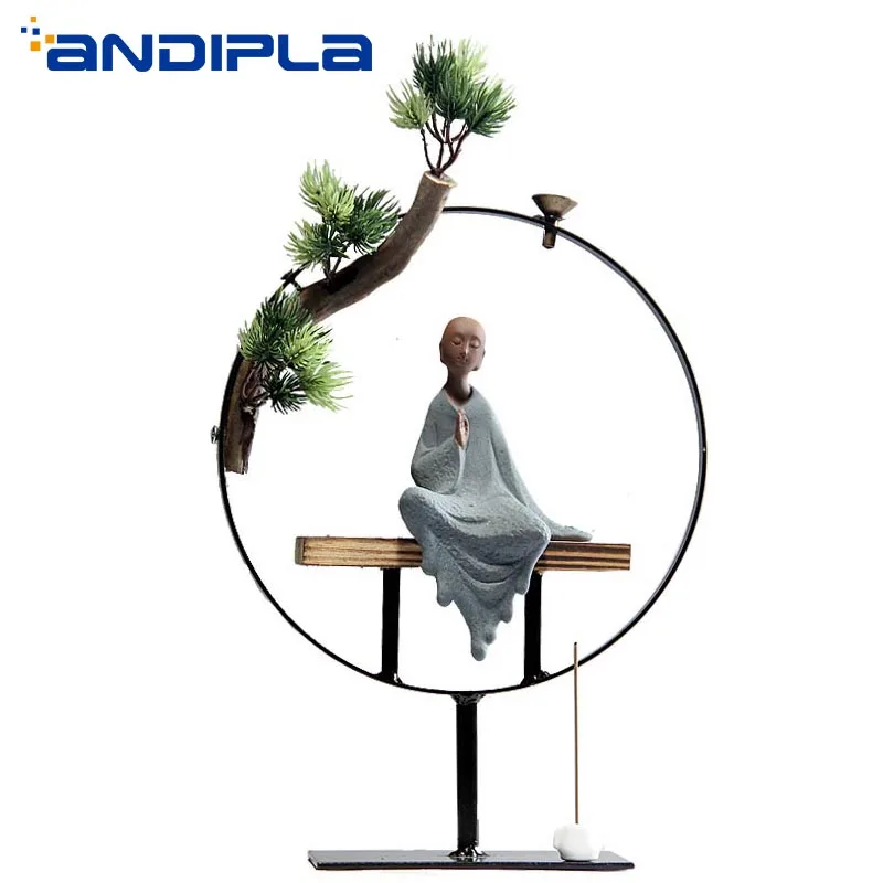 Vintage Backflow Incense Burner Iron Art Monk Wooden Base Metal Circle