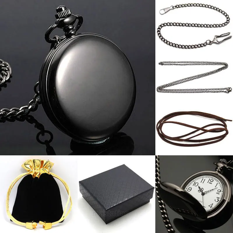 Черный Гладкий лицо кварцевые карманные часы из металла Цепочки и ожерелья кожа цепь окно мешок подарок Relogio де Bolso P200CKWB