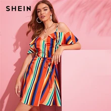 SHEIN летнее платье с открытыми плечами и поясом в радужную полоску, женское платье на бретельках с v-образным вырезом, облегающее и расклешенное платье с высокой талией в стиле бохо