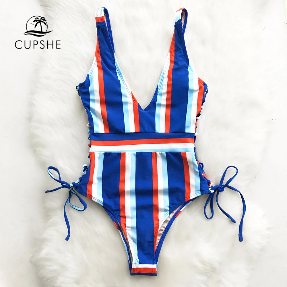 Günstig Cupshe Spitze Up Striped einteiliges Badeanzug Frauen Dünne V ausschnitt Sexy Body Bademode 2020 Neue Mädchen Strand Badeanzug monokinis
