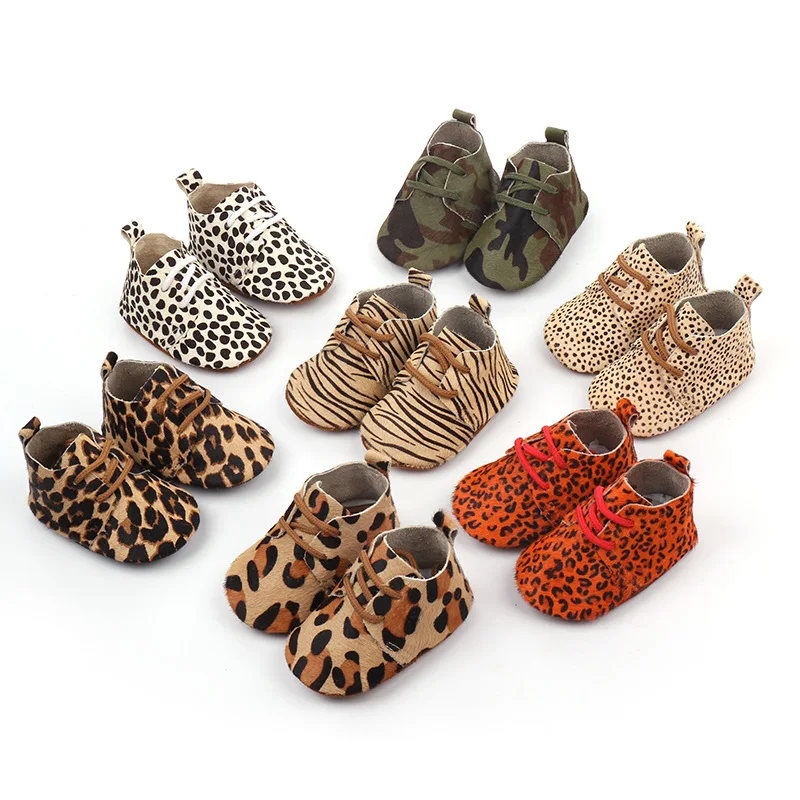 

2019 Genuine Leather Baby shoes Leopard print Baby Girls Soft shoes Horse hair Boys First walkers Lace Baby moccasins