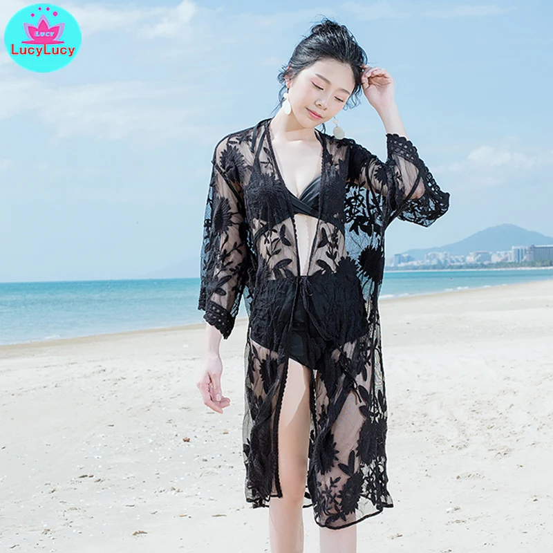 2019 bikini blouse jacket hot spring bathing suit outside take off lace hollow beach holiday skirt sunscreen cardigan women