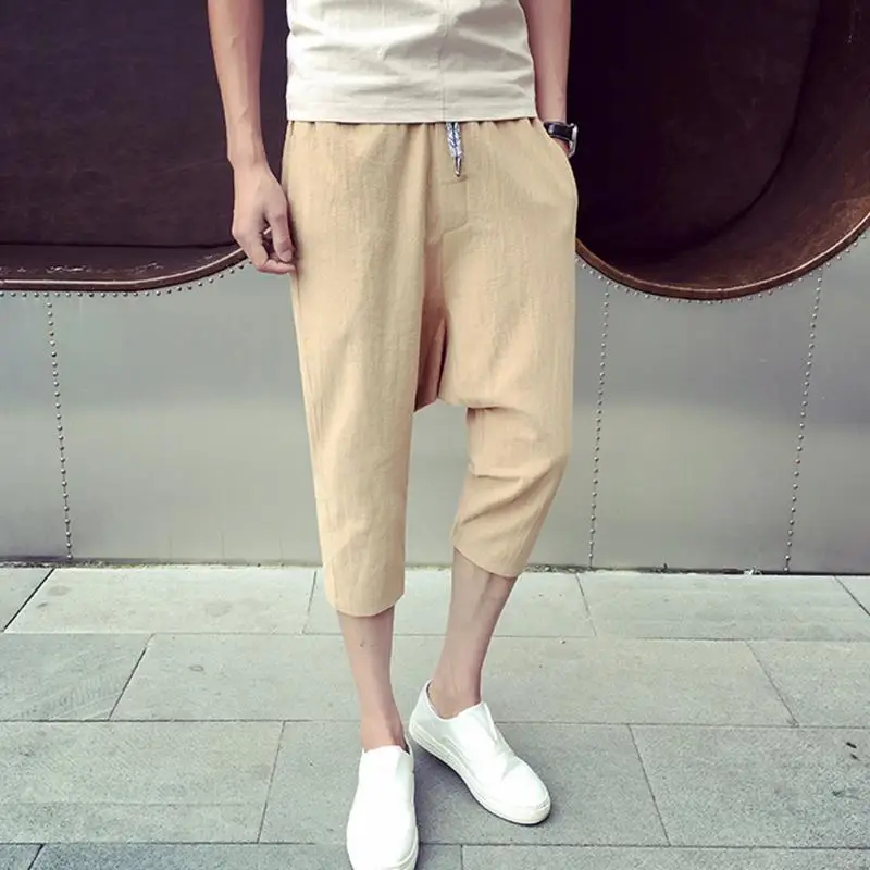 Men Slim Loose 3/4 Harem Pants Summer Fashion Solid Color