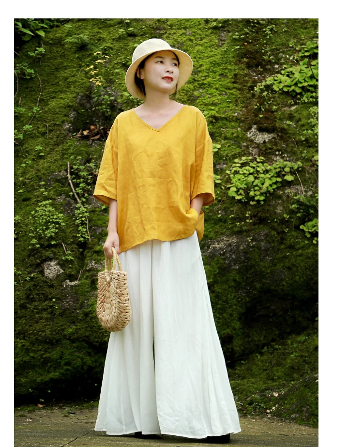LZJN Women Tops and Blouses 2019 Summer V Neck Short Sleeve Linen Shirt Casual Loose Work Blouse RetroTop Plus Size Blusas (22)