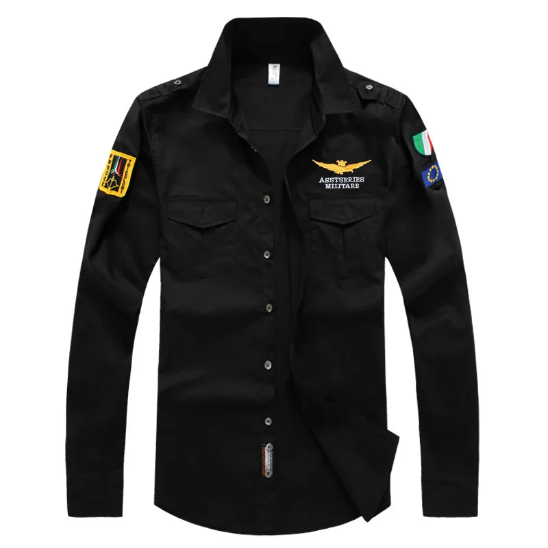 Новинка, мужская рубашка Air Force One из чистого хлопка, брендовая Повседневная рубашка в стиле милитари с вышивкой MA1, приталенные мужские рубашки с длинным рукавом - Цвет: Черный