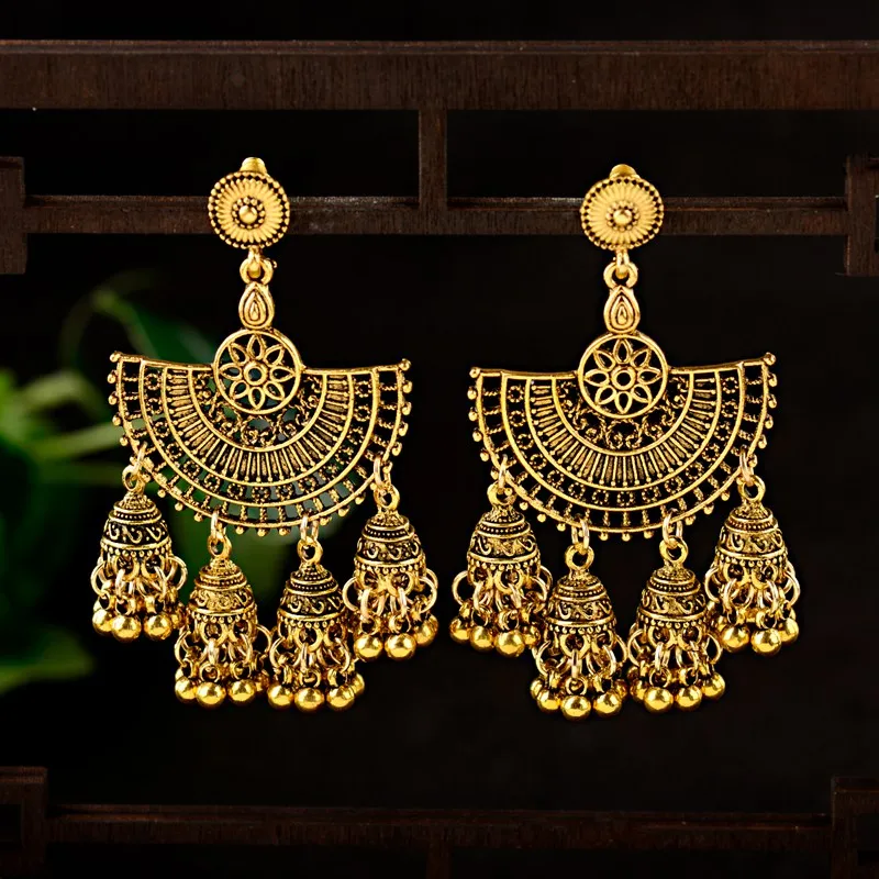 

TopHanqi Boho Antique Gold Big Bells Long Tassel Drop Earrings for Women Gypsy Ethnic Geometric Hollow Earring Indian Jewelry
