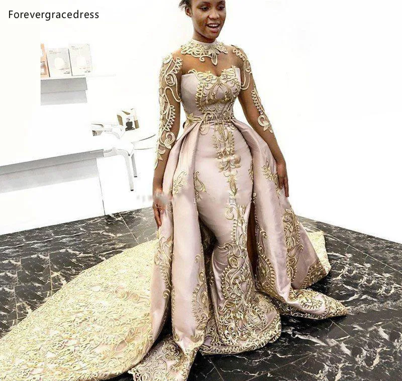 Luxury Designer Mermaid Evening Dresses With Detachable Train Long Sleeves High Neck Prom Gowns Satin Lace Appliqued Plus Size Formal Dress  199 (2)