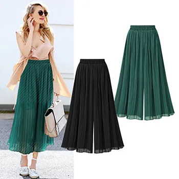 

Chiffon Wide Leg High Waist Pant For Women Nine Points Casual Pleated Wide Leg Summer Vintage Boho Female Green Trousers