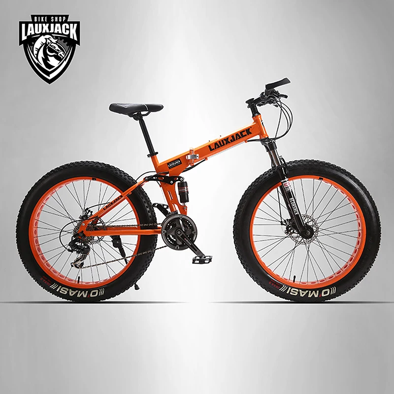 Cheap LAUXJACK Mining two-ply bicycle steel folding frame 24 speed Shimano mechanical disc wheel disc brakes 26 "x4.0 Fat Bike 1