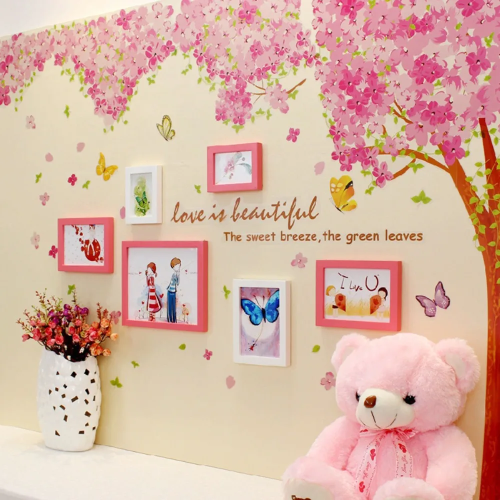 Large Pink Cherry Blossoms Tree Butterfly Wall Stickers For Kids Rooms