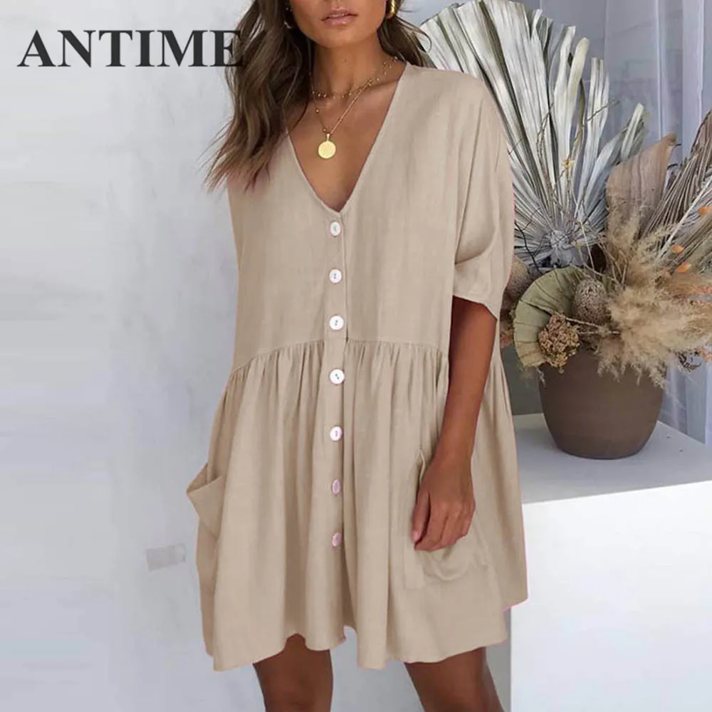 

ANTIME Blue Short Dress with Buttons A Line Short Sleeve Spring Summer V Neck Casual Female Brief New Pockets Pleated Dresses