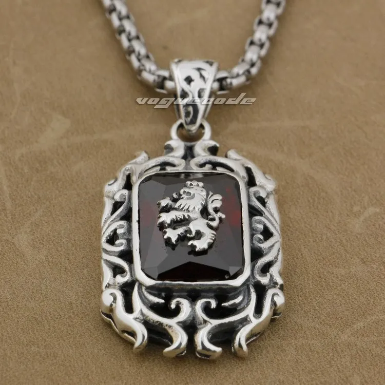 

LINSION 925 Sterling Silver Lion On Fire CZ Stone Mens Biker Rocker Pendant 9E009
