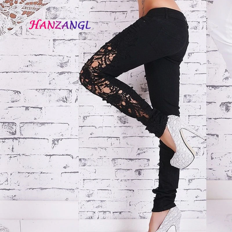 HANZANGL New Jeans Women Pants Low Waist Skinny Jeans Woman 2017 Lace Hollow Sexy Pencil Denim