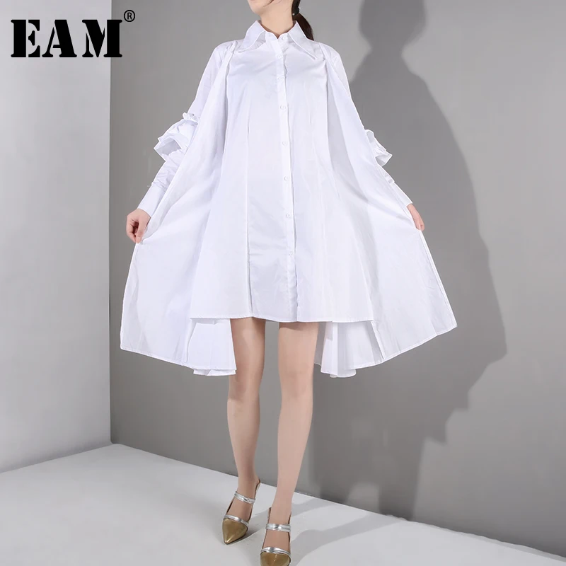 

[EAM] 2019 New Spring Summer Lapel Long Sleeve White Losoe Ruffles Split Joint Irregular Shirt Dress Women Fashion Tide WF3260