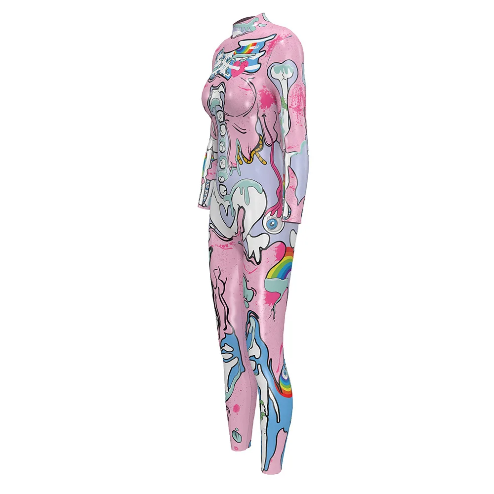 Pink Queen Womens Halloween Cosplay Skull Skeleton Print Costume One-Piece Catsuit Bodysuit