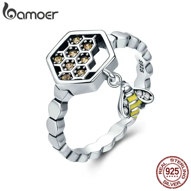 BAMOER 100% 925 Sterling Silver Fashion Bee with Honeycomb Female Finger Rings f BAMOER 100% 925 Sterling Silver Fashion Bee with Honeycomb Female Finger Rings f