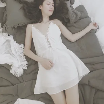 

Women Nightdress Cotton White Nightgown V-neck Sling Chest Lace-up Female Sexy Lace Edge Sleep Dress Night Lingerie Homewear