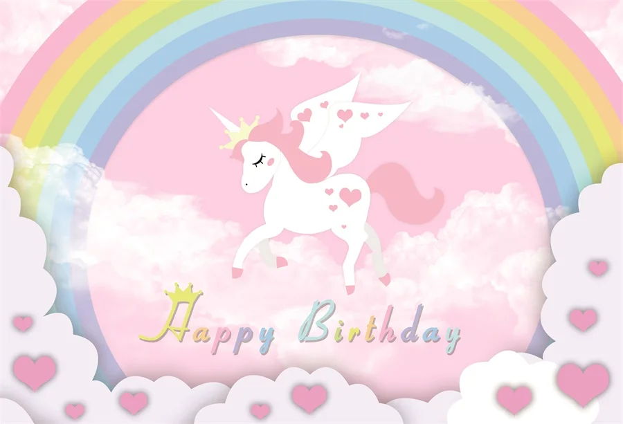 Laeacco Rainbow Backgrounds Sweet Unicorn Party Baby Birthday Pink Love Heart Poster Photography Backdrops For Photo Studio