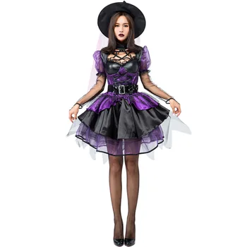 

New Women Halloween Bubble Skirt Witch Dress Costume Uniforms Cosplay Experience Performance Luxuriant Purple Suit L1872734