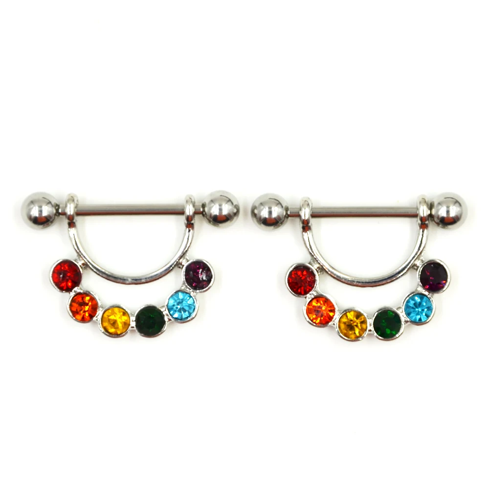 PAIR Surgical Steel Nipple Ring Bars CZ Multi Color Rainbow Nipple