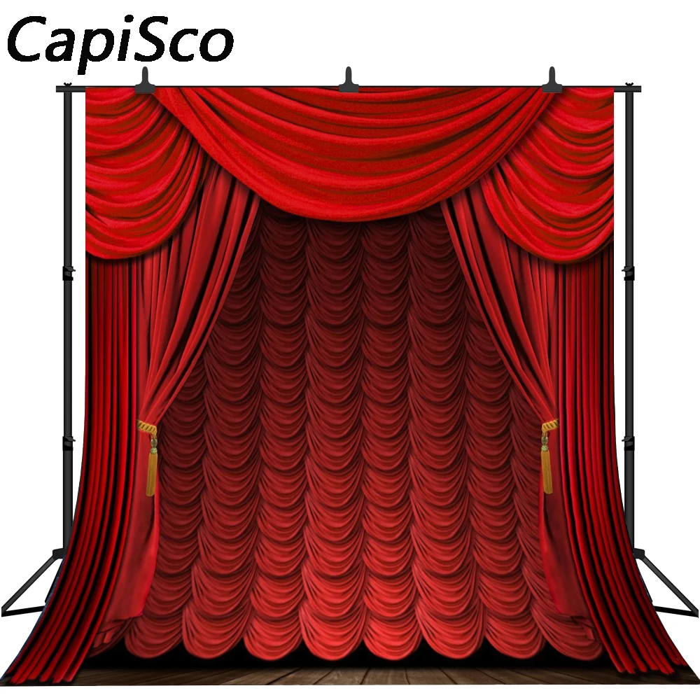 Capisco Dark Red Curtain Wooden Floor Stage Baby Children Photography Backgrounds Vinyl Custom Camera Backdrops For Photo Studio |
