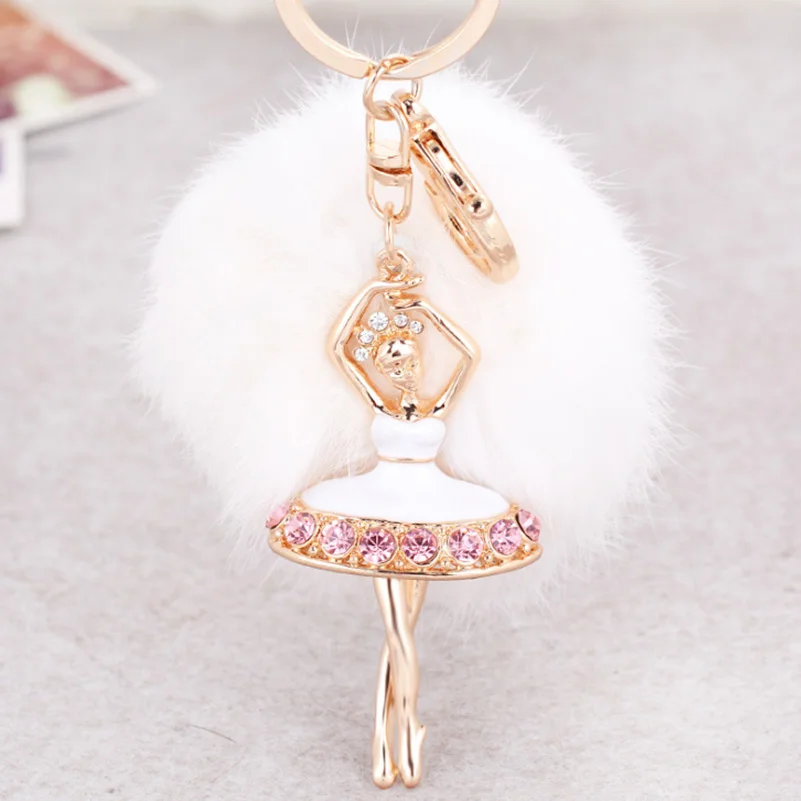 

Hot Sale Ballerina Rabbit Pom Pom Fur Ball Keychain Crystal Ballet Dancing Girl Metal Car Key Chain For Women Bag Charm Keyring