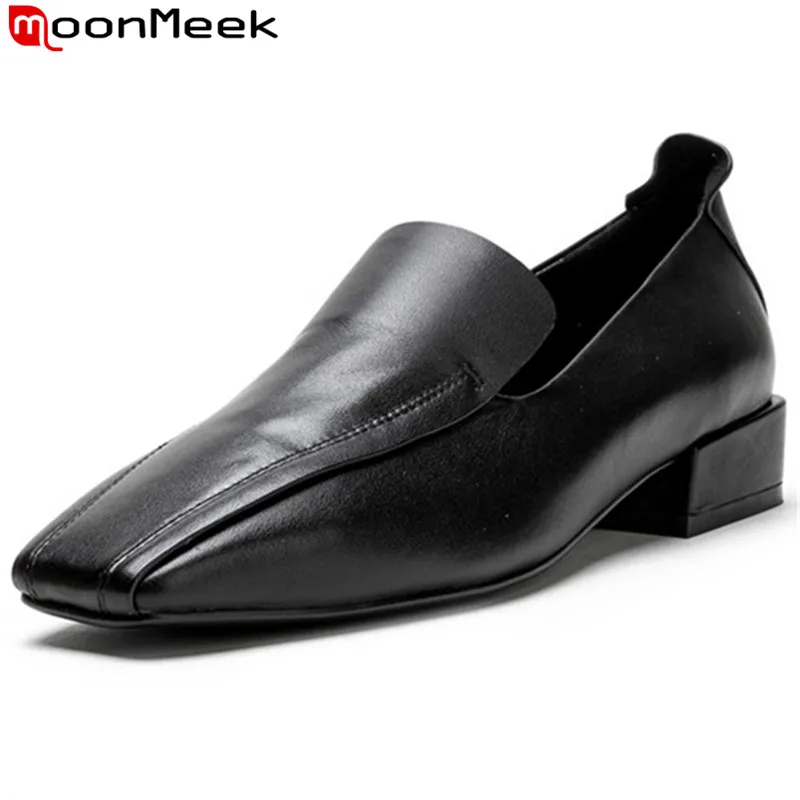 

MoonMeek 2019 fashion new shoes woman square toe shallow genuine leather shoes low heels single shoes casual gladiator shoes