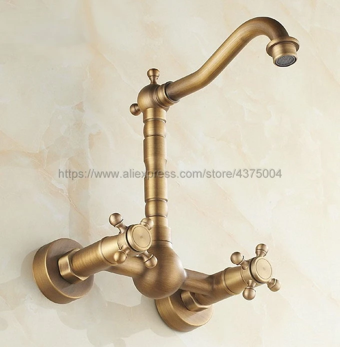 Antique Brass Wall Mounted Bathroom Sink Faucet Swivel Spout Bathtub Mixer Dual Cross Handles Nnf052