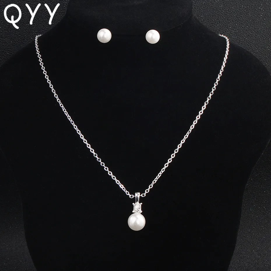 

Newest Fashion Pearls Party Jewelry Sets Metal Chain Jewelry Accessories Simple White Women Necklaces Earrings Sets