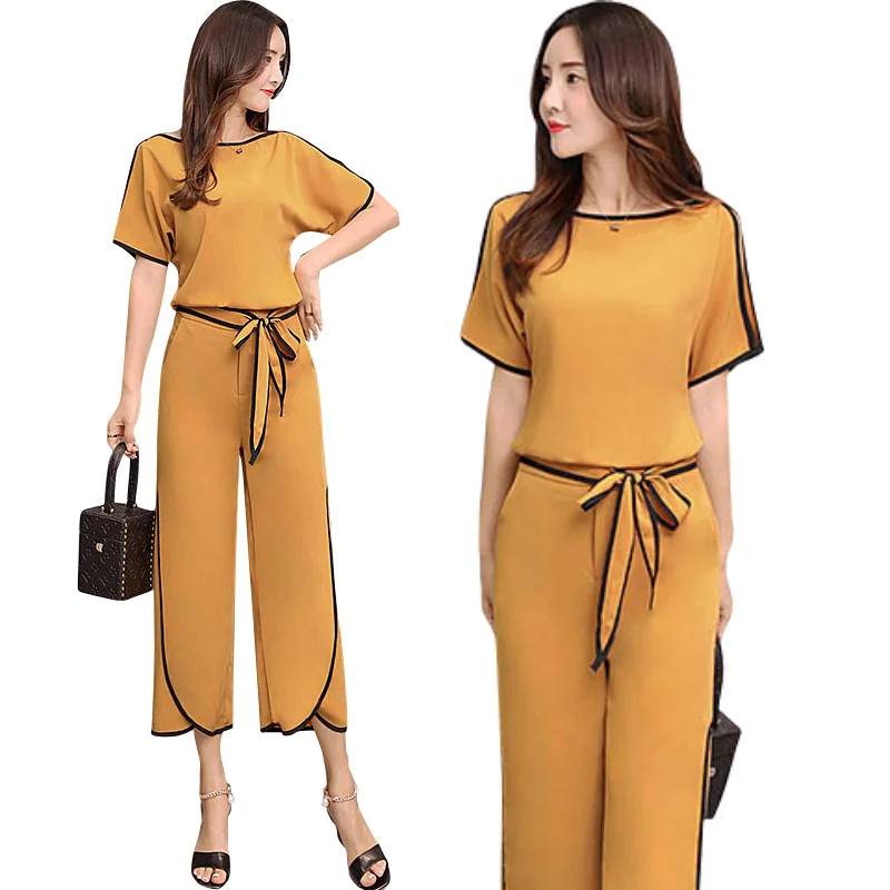

Summer new yellow women's chiffon shirt + pants suit ladies two-piece elegant chiffon shirt and wide-leg pants dress pants