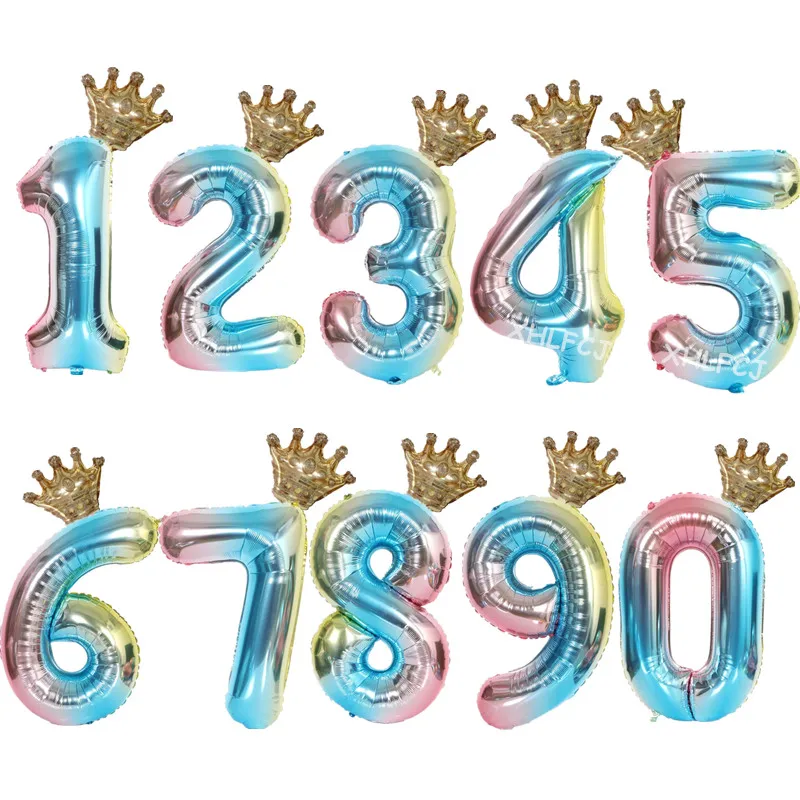 

2pcs 32inch Number Foil Balloons 1 2 3 4 5 6 Years Old Kid Boys Girls Crown Happy Birthday Balloon Baby Shower Decor Supplies