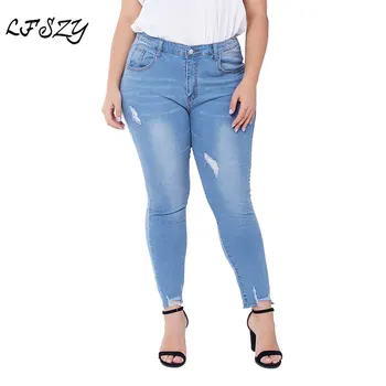 

Women's Jeans 2019 New Women's Large Size Stretch Chiffon Jeans Fashion Street Blue Denim Pants More Size L-XXXL 4XL