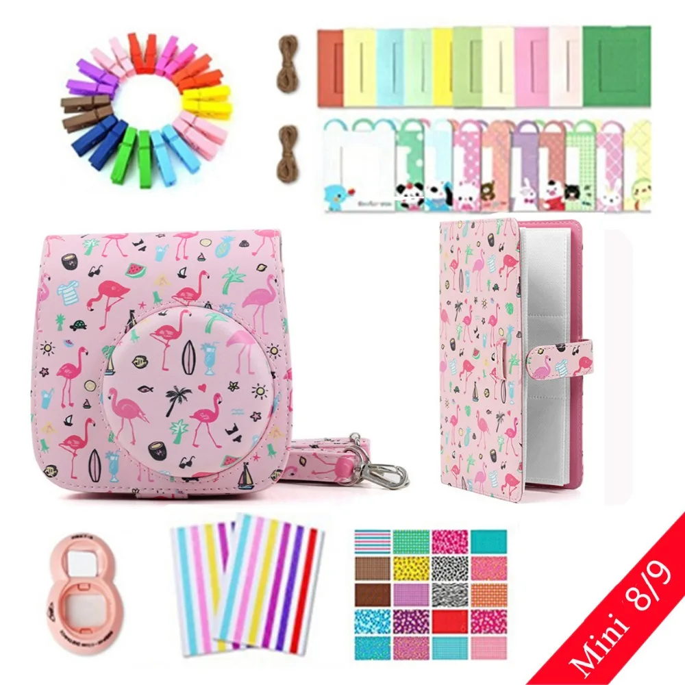 Kopen 8 in 1 Accessoires Set Flamingo Camera Bag Case Fotolijst Stickers Muur Frame Clip met Touw voor Fujifilm Instax mini 8 9