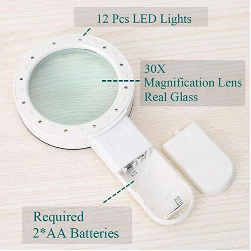 30X увеличительное стекло со светом, ручной освещенной лупой с большим двойным стеклом объектив светодиодные лупы для пожилых чтения