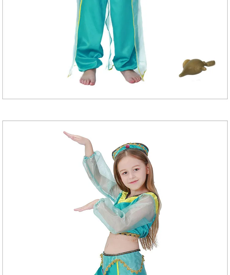 Aladdin's Lamp Jasmine Halloween Green Арабские костюмы для девочек детское платье для танца живота индийская танцевальная одежда Гибкая яркая изящная