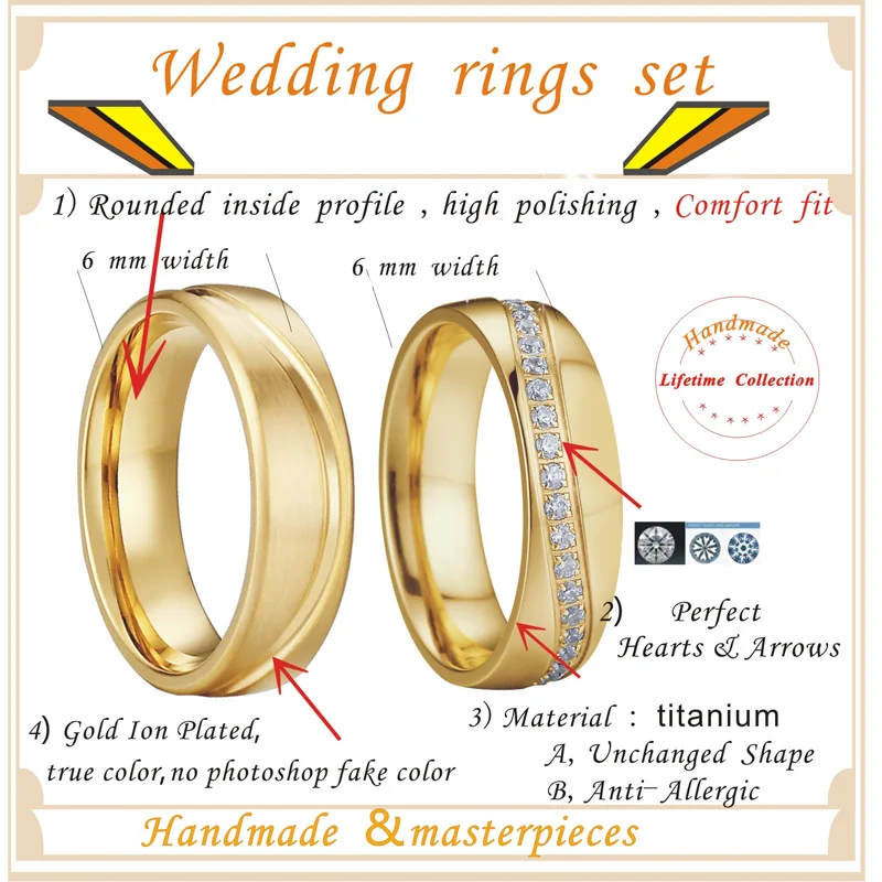 Wedding Band Rings Men Gold color aneis anel masculino size 15 feminino anillos Cubic Zirconia Engagement Couple Rings For Women