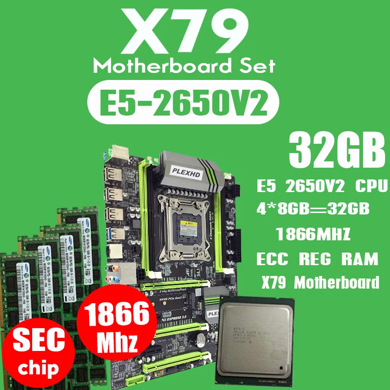 

PLEXHD X79 Turbo motherboard LGA2011 ATX combos E5 2650 V2 CPU 4pcs x 8GB =32GB DDR3 RAM 1866Mhz PC3 1490R PCI-E NVME M.2 SSD