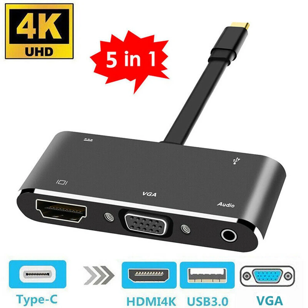 

5 in 1 Type-C to HDMI 4K Apapter VGA Cable Audio USB3.0 PD Converter