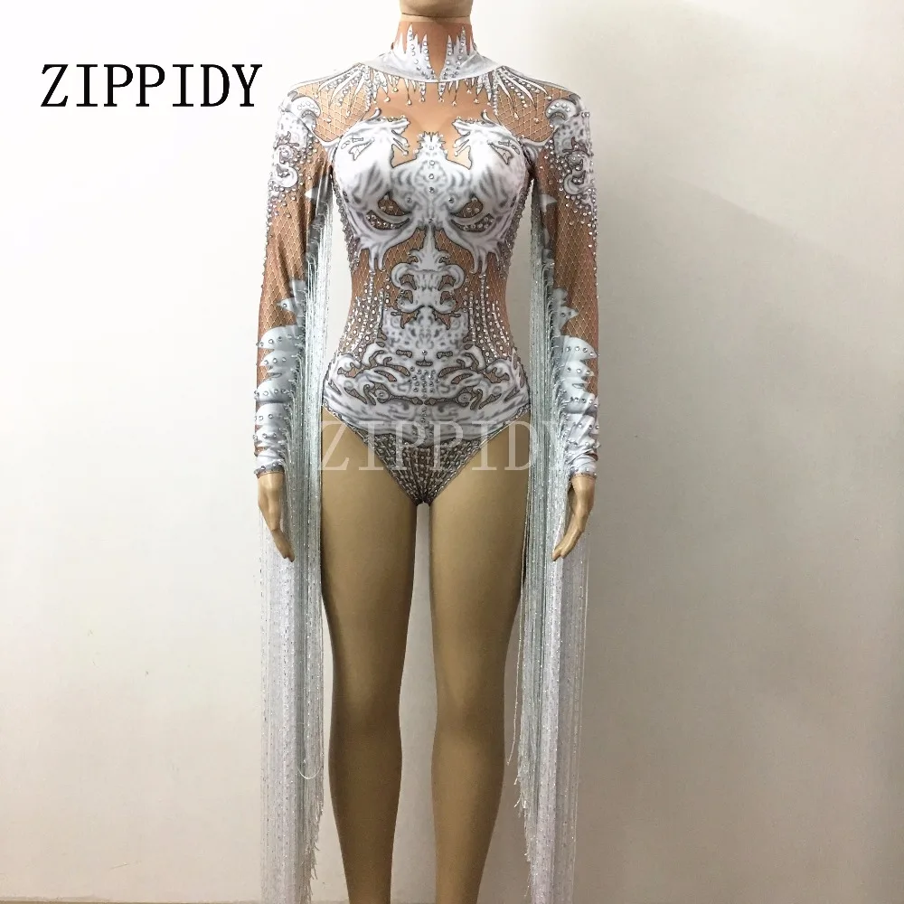 Белый кисточкой трико с кристаллами женские стрейч Боди Наряд Bling с длинными рукавами кисточкой ночной клуб блестящий костюм Одежда для танцев
