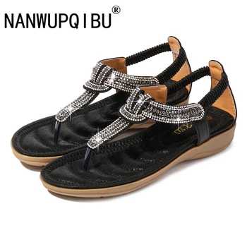 

Crystal Wedge Sandals 2019 Summer New T-shaped Rhinestone Beaded Toe Beach Flat Comfortable Fashion Shoes Female Large Size